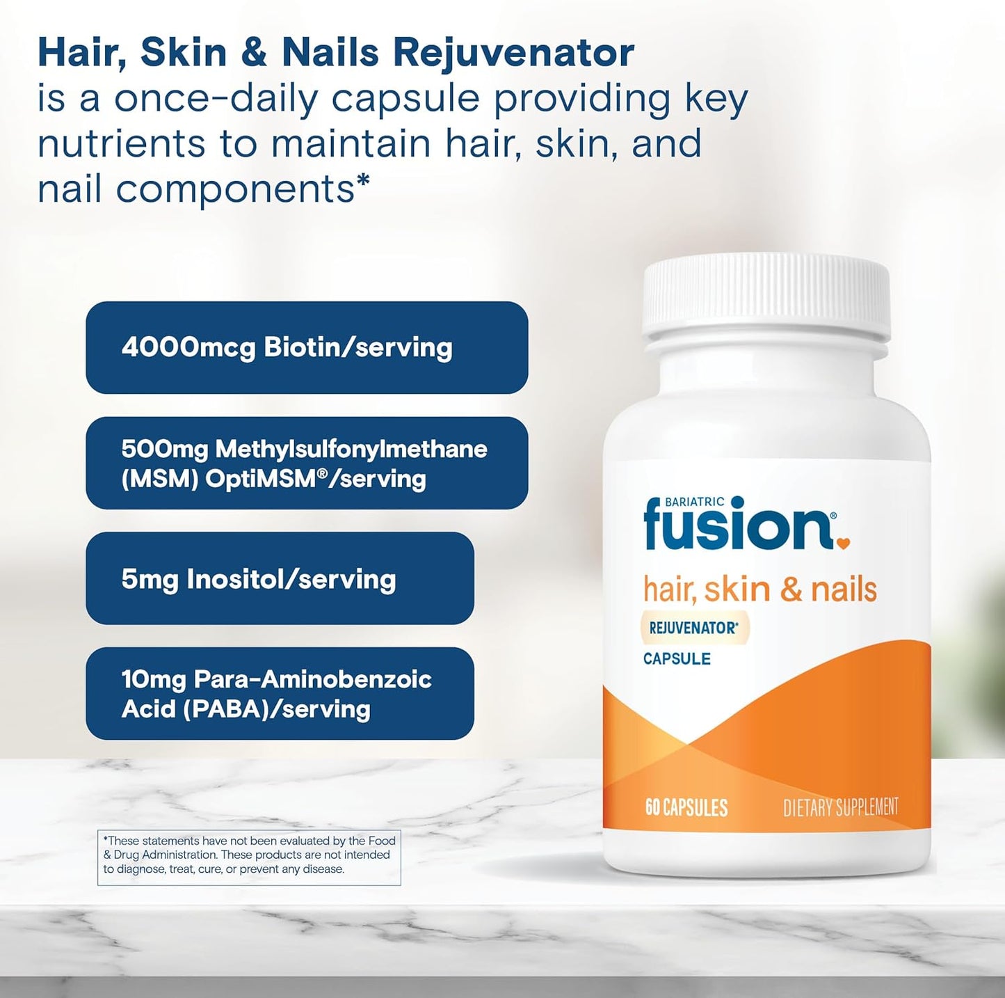 Vegan Bariatric Fusion ONE Per Day Hair Skin and Nails Vitamins for Women - Biotin, B12, B1 - 60 Capsules