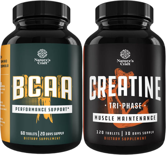 Vegan BCAA Capsules and Tri Phase Creatine Pills Bundle for Muscle Recovery and Growth Support - Natures Craft Supplement for Muscle Mass Gain