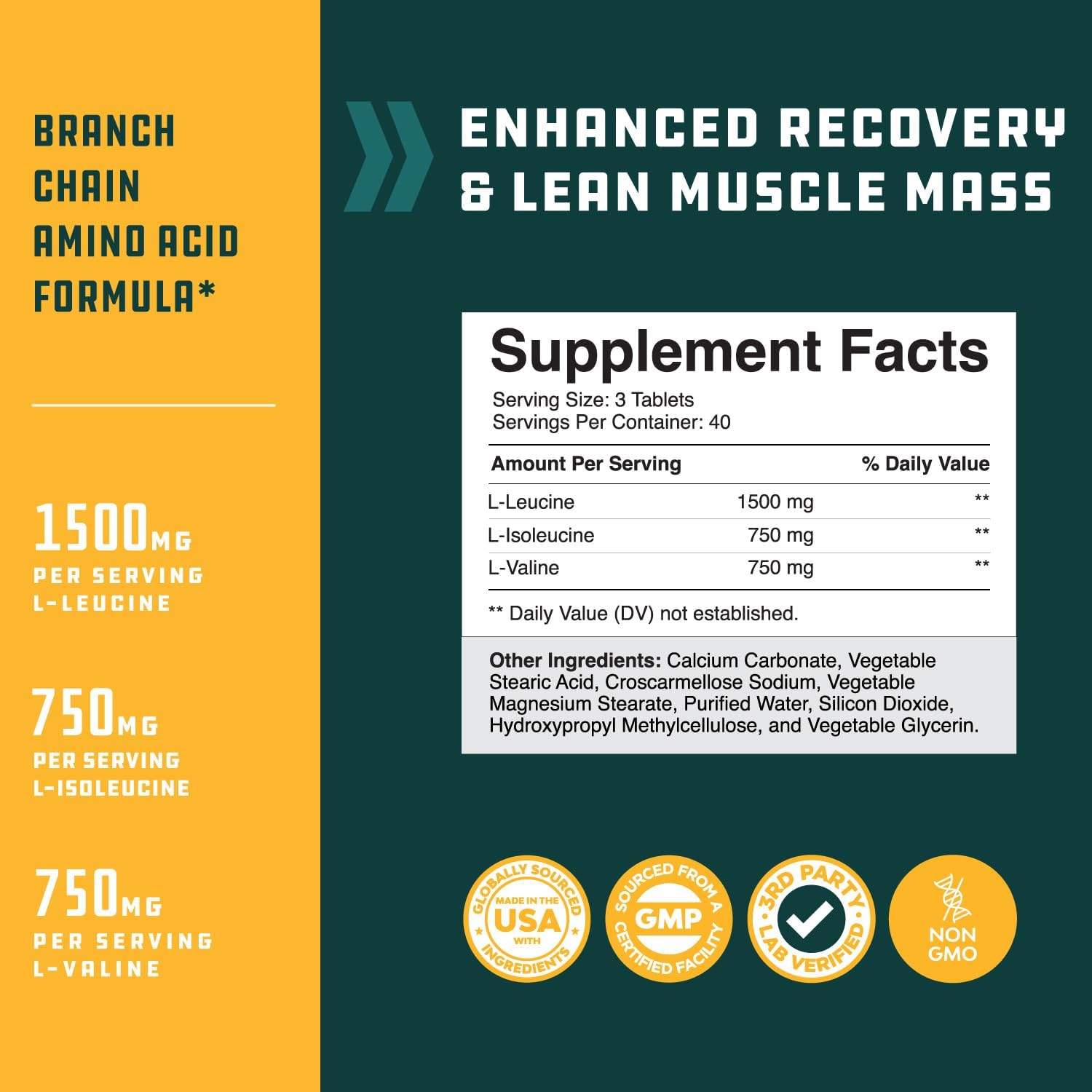 Vegan BCAA Tablets for Muscle Recovery and Growth - Natures Craft Branch Chain Amino Acids Supplement - 120 Count for Men and Women's Workout Recovery