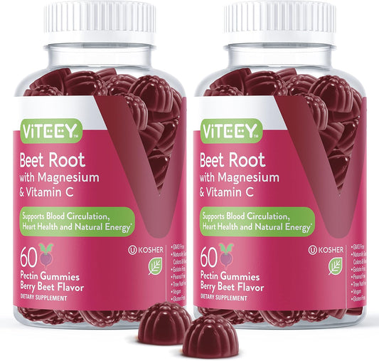 Vegan Beet Root Gummies with Magnesium, Vitamin C for Blood Pressure Support - Berry Flavored Chewables