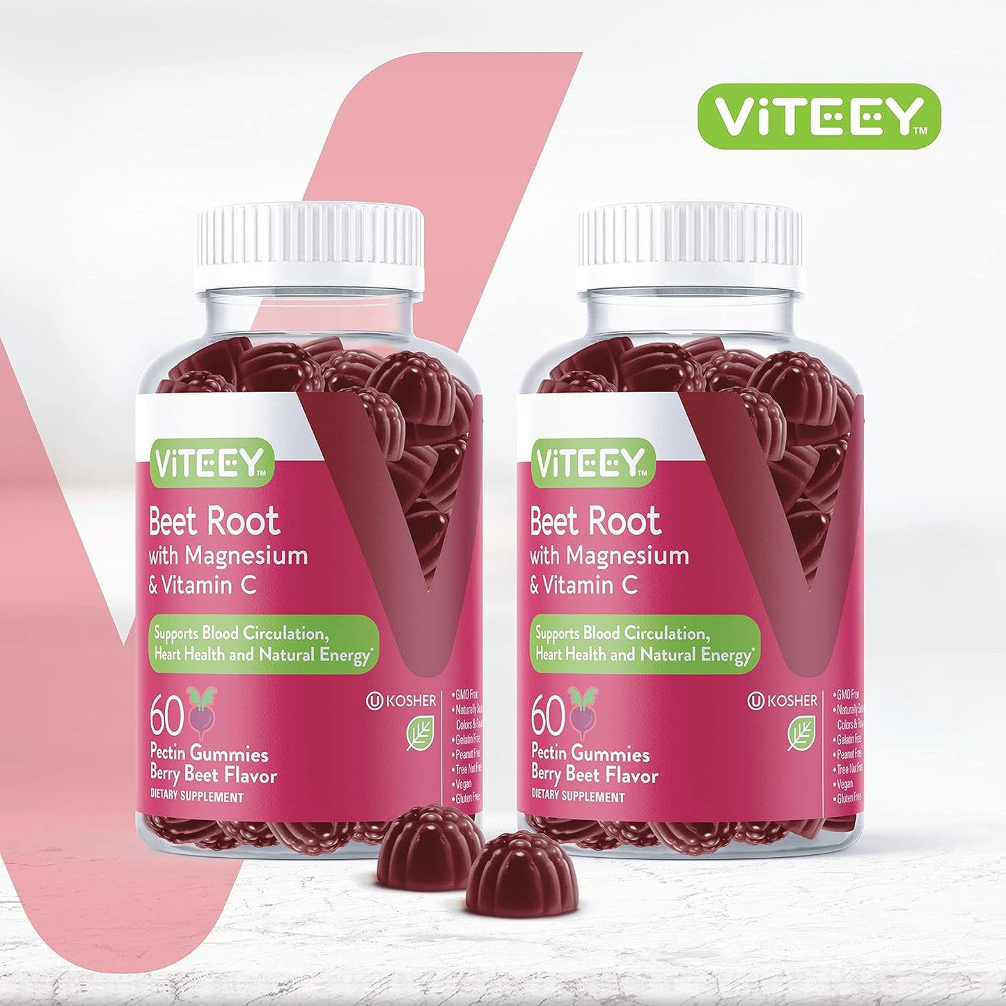 Vegan Beet Root Gummies with Magnesium, Vitamin C for Blood Pressure Support - Berry Flavored Chewables