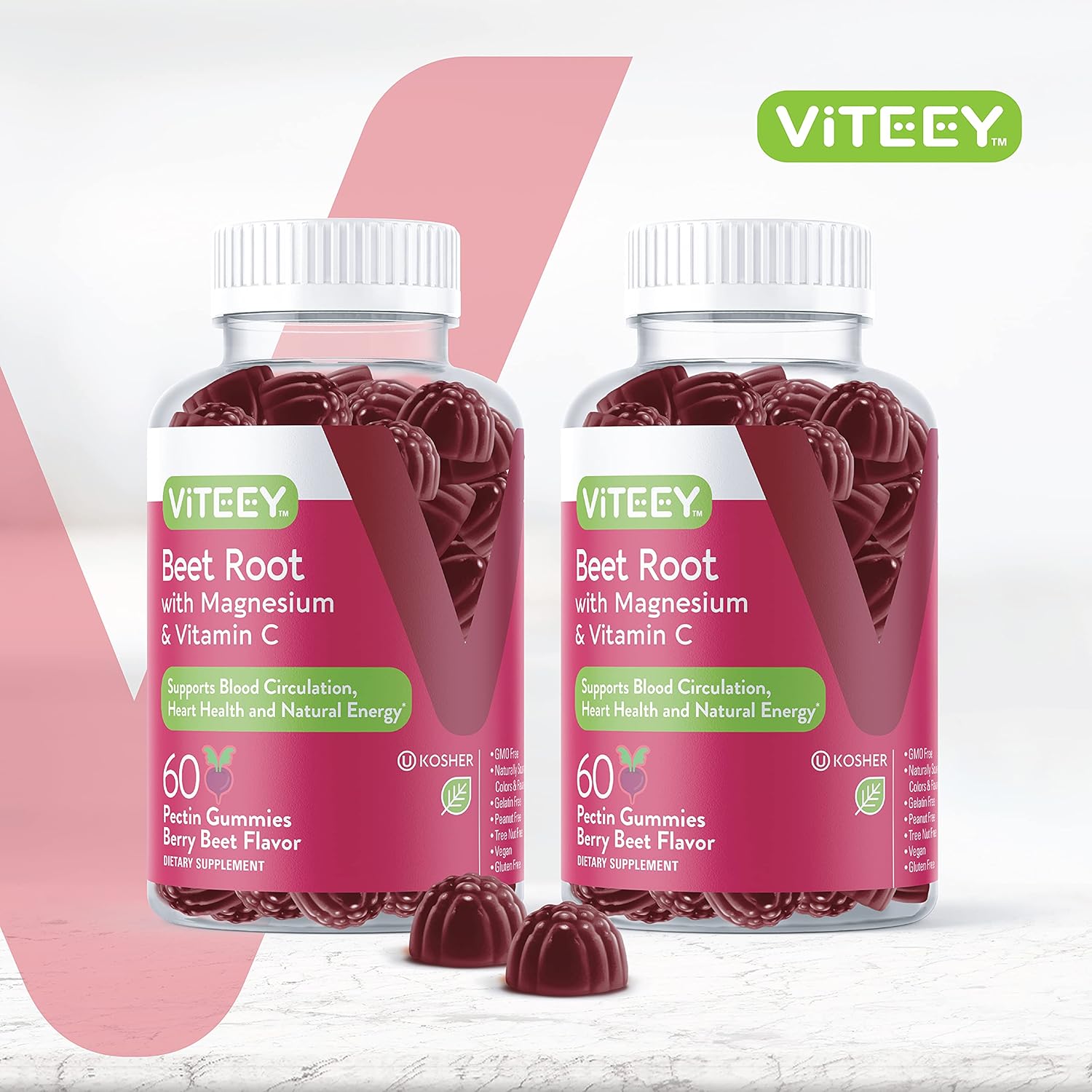 Vegan Beet Root Gummies with Magnesium, Vitamin C for Blood Pressure Support - Berry Flavored Chewables