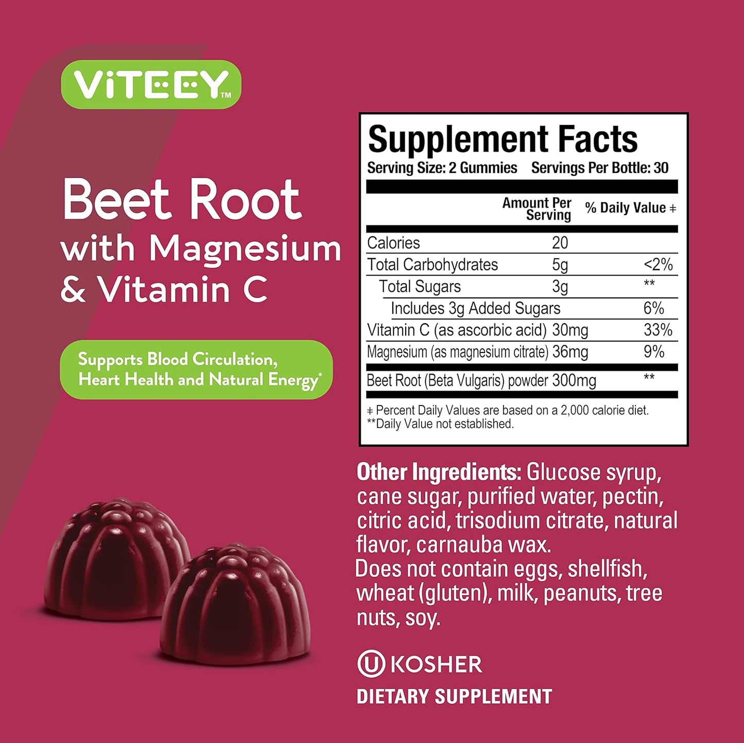 Vegan Beet Root Gummies with Magnesium, Vitamin C for Blood Pressure Support - Berry Flavored Chewables