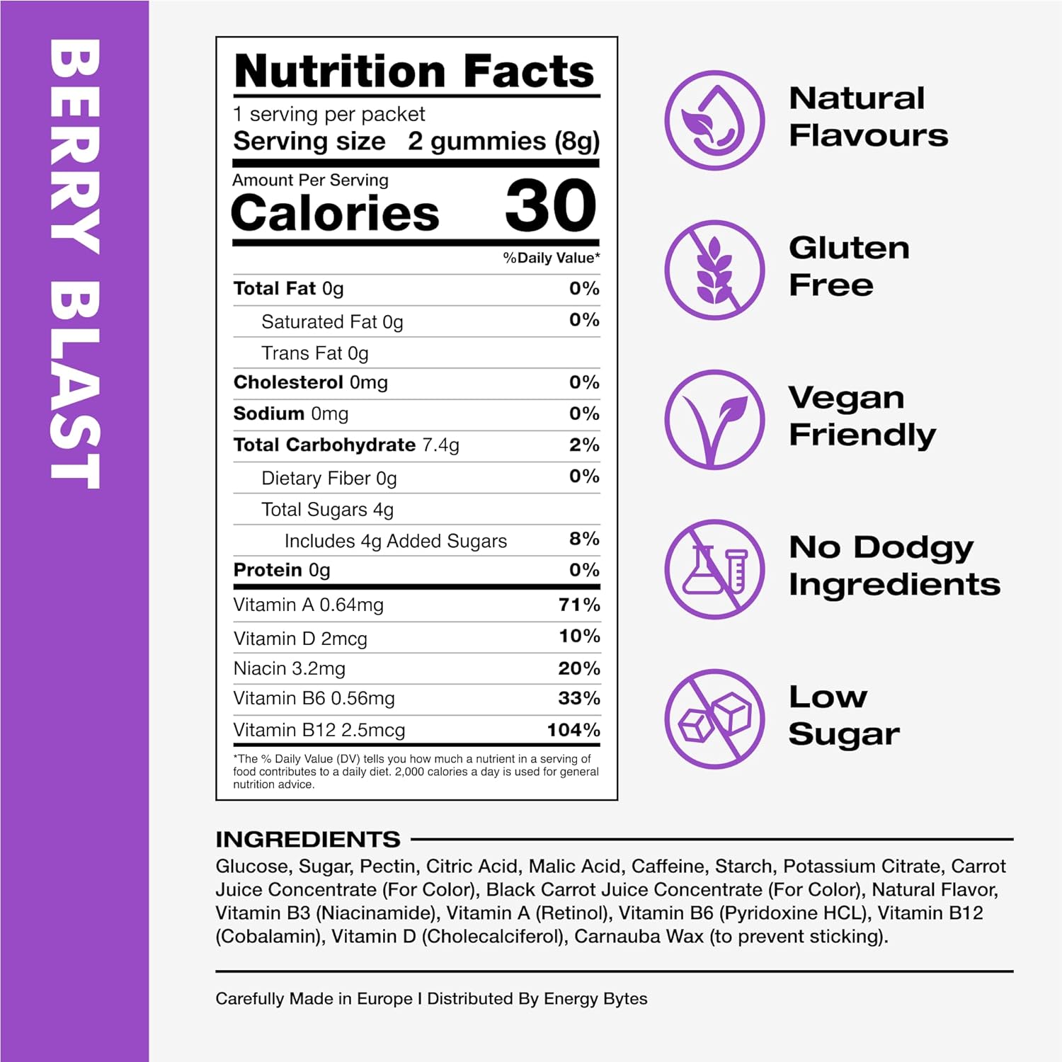Vegan Berry Blast Caffeine Gummies for Instant Energy Boost in Running, Cycling & Sports | Low Sugar Energy Chews (12-Pack)