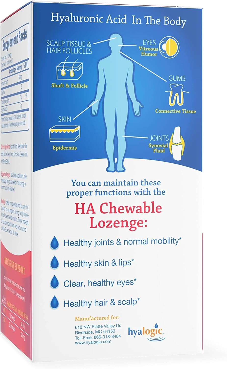 Vegan Berry Flavored Hyaluronic Acid Chewable Tablets for Joints, Skin, and Eyes - Sugar-Free Supplement (60 Count)