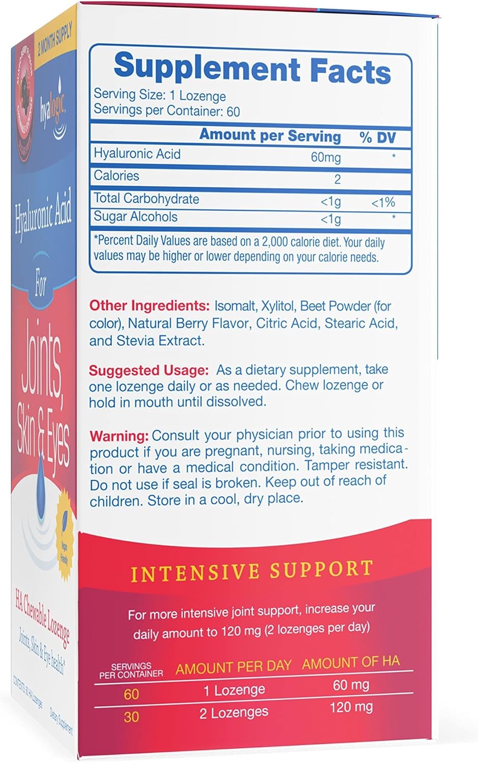 Vegan Berry Flavored Hyaluronic Acid Chewable Tablets for Joints, Skin, and Eyes - Sugar-Free Supplement (60 Count)