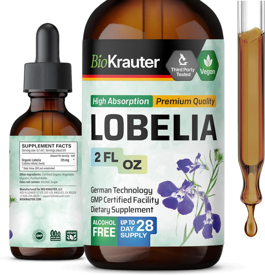 Vegan BIO KRAUTER Lobelia Tincture for Respiratory Support - Alcohol & Sugar Free - 2 Fl.Oz.