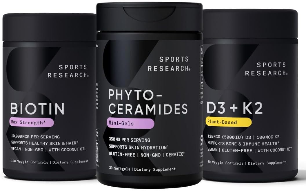Vegan Biotin 10,000mcg with Vitamin D3 K2 & Phytoceramides for Skin Hydration