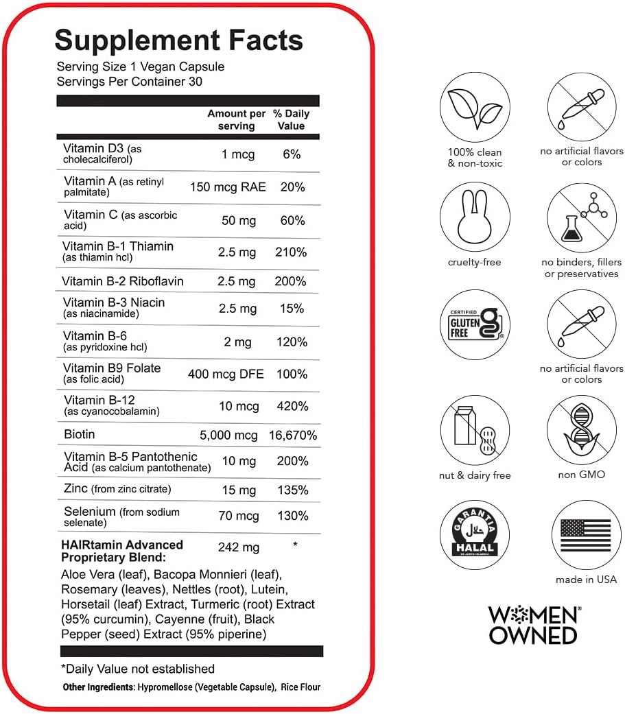 Vegan Biotin Capsules for Hair Growth & Health - Reduce Thinning & Loss - 30 Capsules