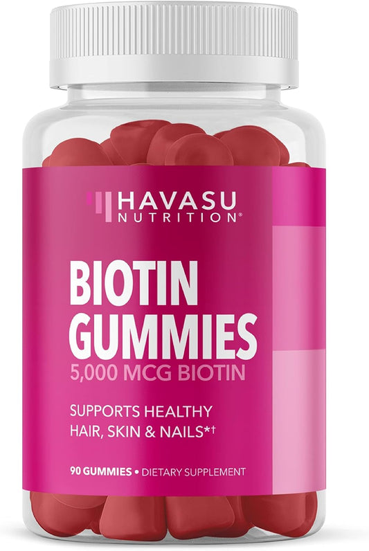 Vegan Biotin Gummies for Hair, Skin, and Nails - 5000mcg Supplement for Women and Men - Promotes Healthy Hair and Skin - Vitamin B7 - Strawberry Flavor - 90 Count