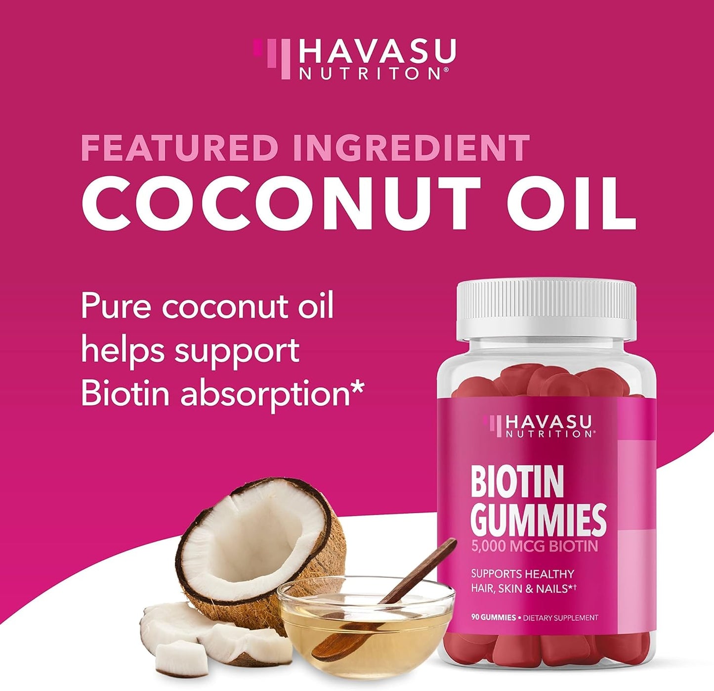 Vegan Biotin Gummies for Hair, Skin, and Nails - 5000mcg Supplement for Women and Men - Promotes Healthy Hair and Skin - Vitamin B7 - Strawberry Flavor - 90 Count