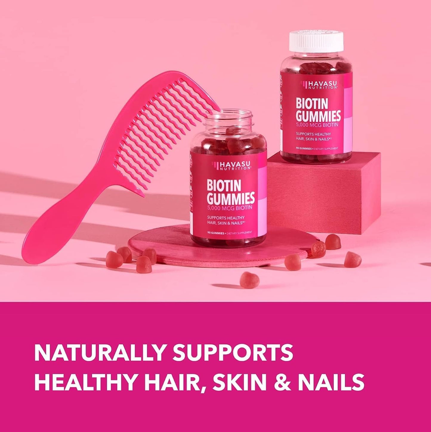 Vegan Biotin Gummies for Hair, Skin, and Nails - 5000mcg Supplement for Women and Men - Promotes Healthy Hair and Skin - Vitamin B7 - Strawberry Flavor - 90 Count