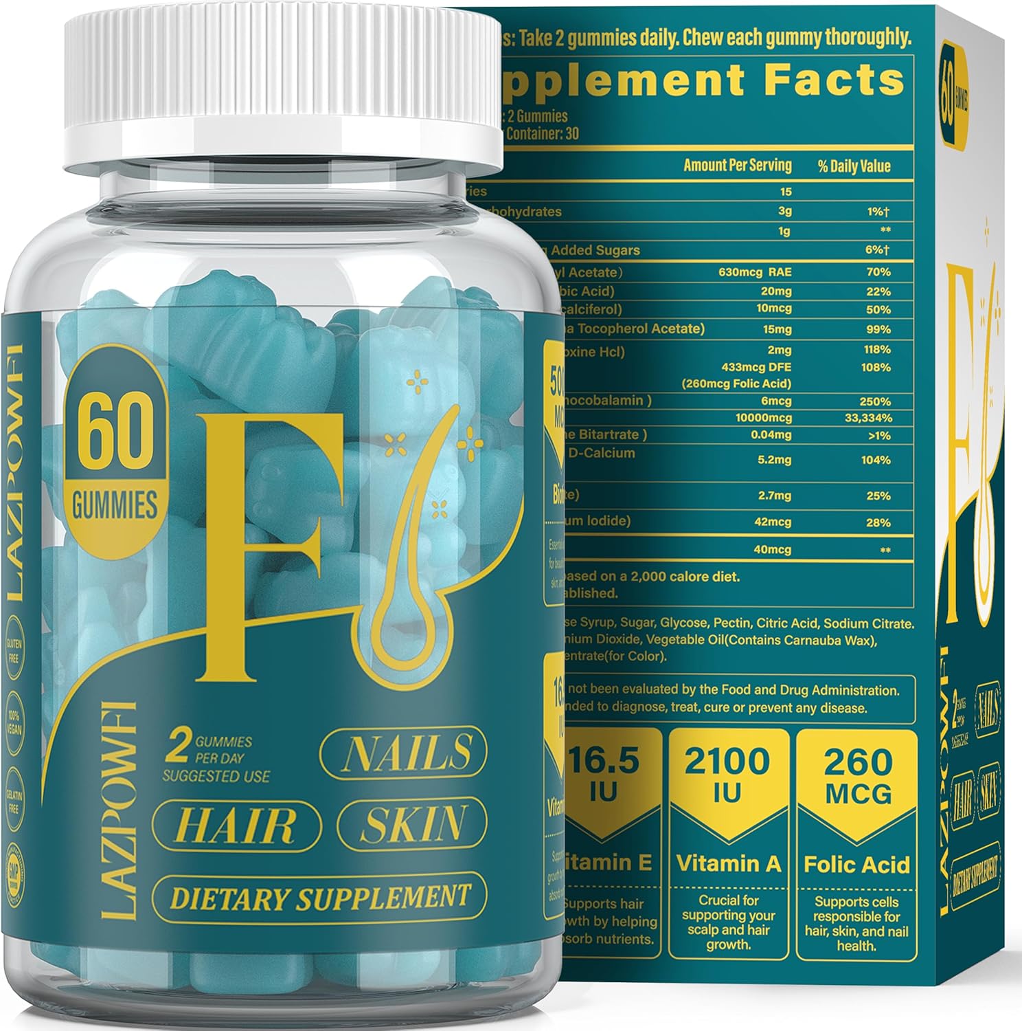 Vegan Biotin Gummies for Hair, Skin, Nails - Blueberry Flavor, 60 Count - Supports Hair Growth, Stronger Nails - Men & Women, 30 Day Supply