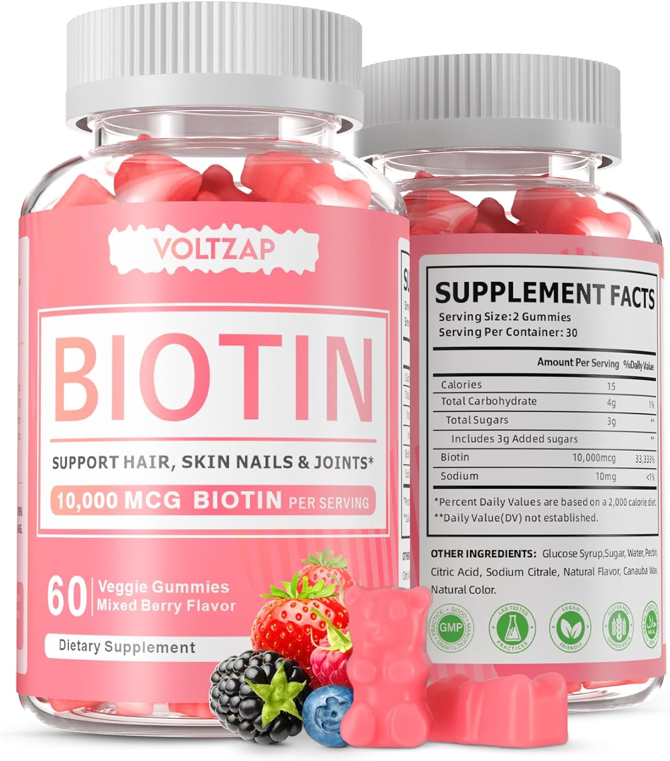 Vegan Biotin Gummies for Healthy Skin, Hair, Nails - Antioxidant Support, Non-GMO - 60 Count
