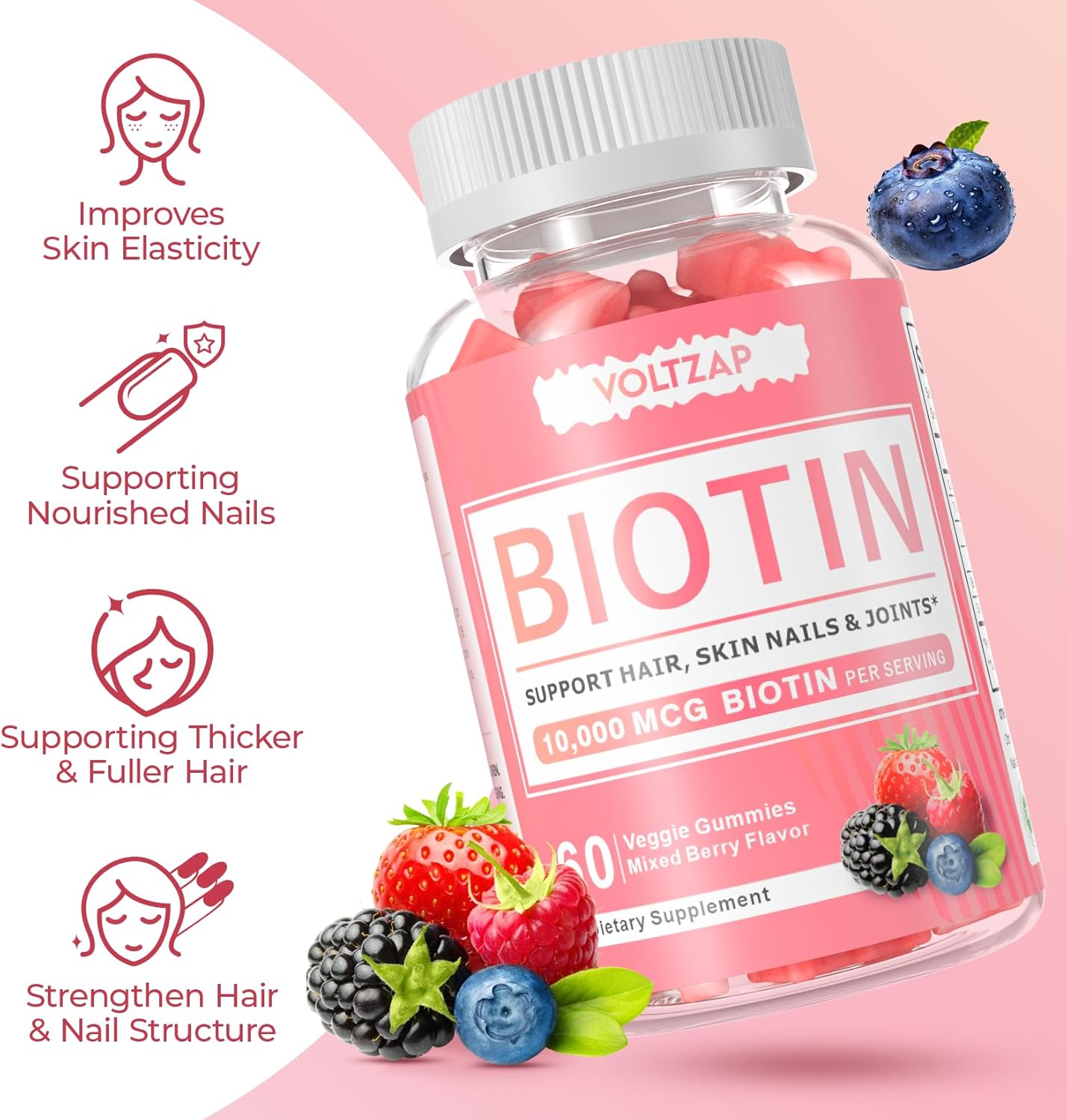 Vegan Biotin Gummies for Healthy Skin, Hair, Nails - Antioxidant Support, Non-GMO - 60 Count