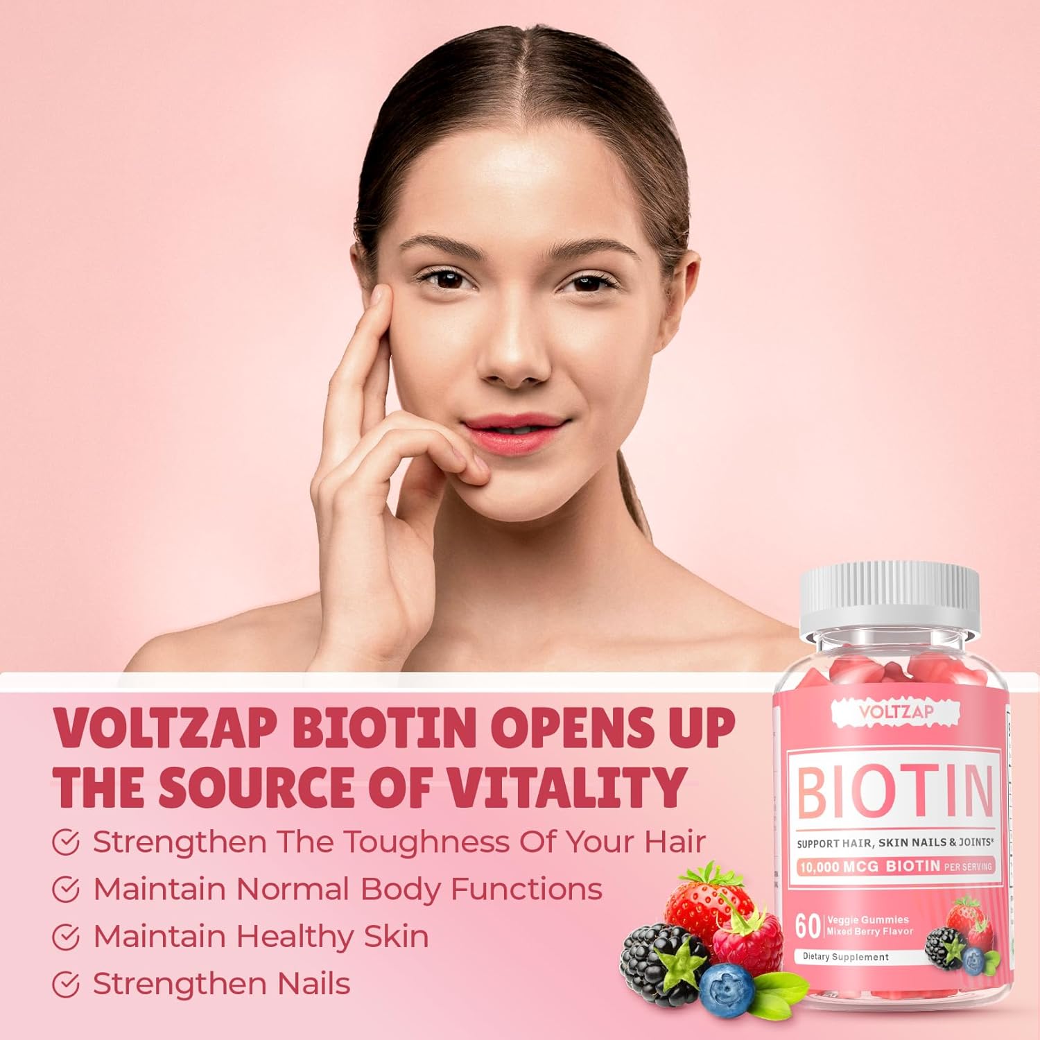 Vegan Biotin Gummies for Healthy Skin, Hair, Nails - Antioxidant Support, Non-GMO - 60 Count