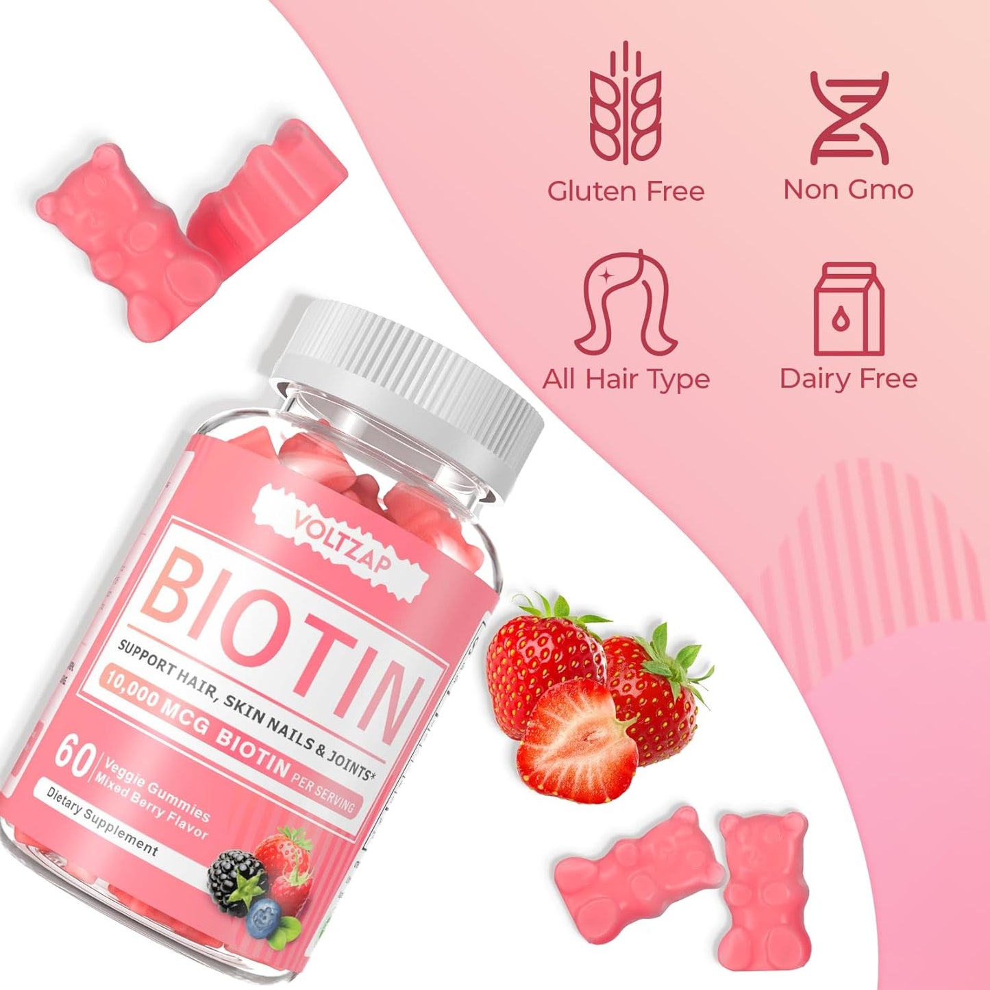 Vegan Biotin Gummies for Healthy Skin, Hair, Nails - Antioxidant Support, Non-GMO - 60 Count