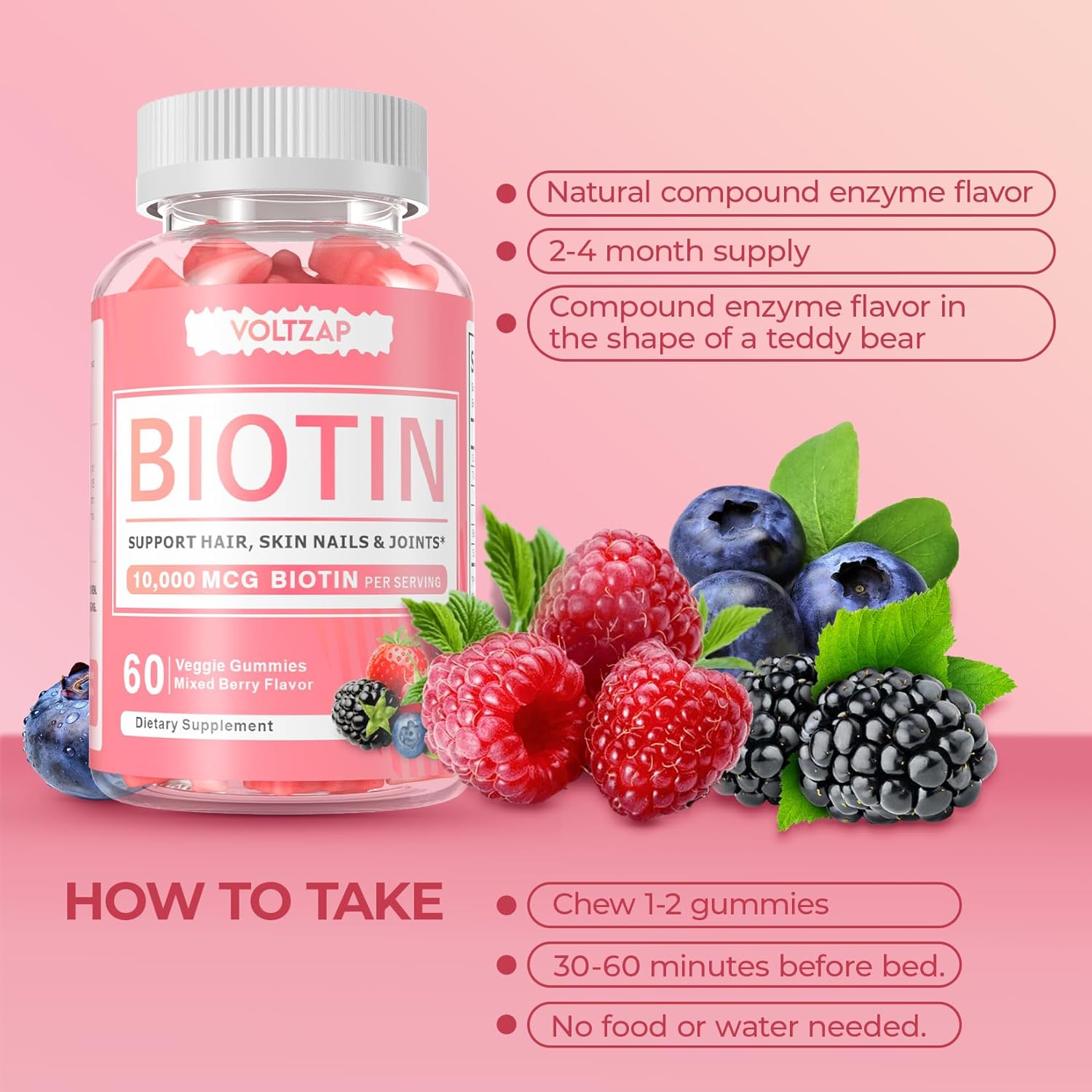 Vegan Biotin Gummies for Healthy Skin, Hair, Nails - Antioxidant Support, Non-GMO - 60 Count