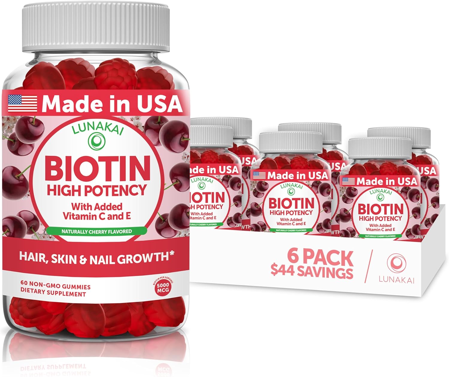 Vegan Biotin Gummies for Women - 5000mcg Hair Skin Nails Vitamins with Vitamin C & E - Tasty Proprietary Formula - Non-GMO - 6 Pack