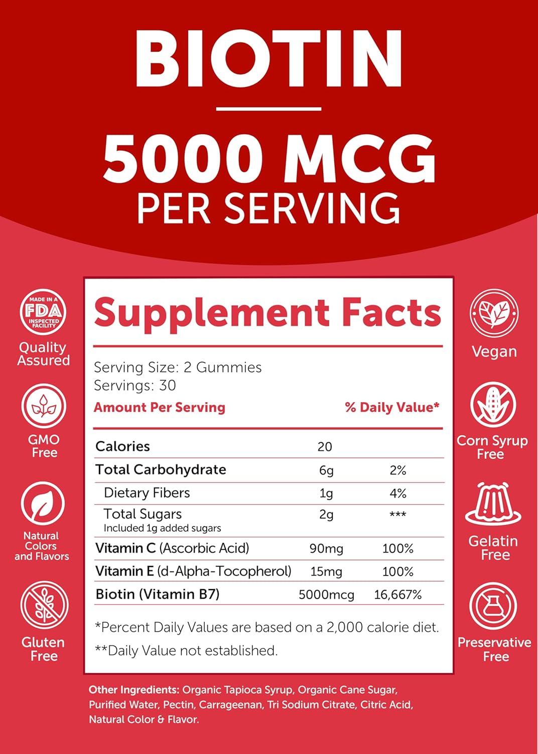 Vegan Biotin Gummies for Women - 5000mcg Hair Skin Nails Vitamins with Vitamin C & E - Tasty Proprietary Formula - Non-GMO - 6 Pack