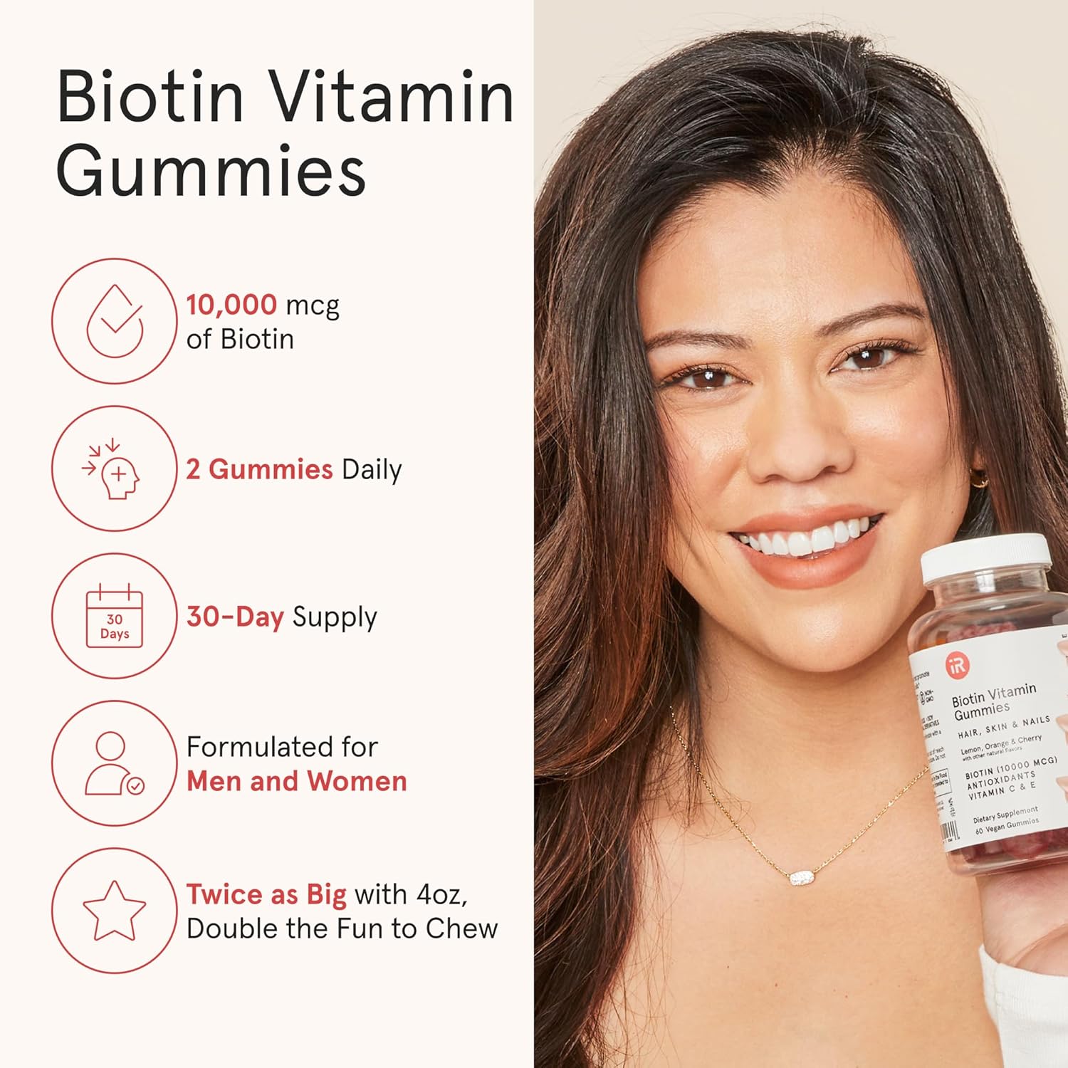 Vegan Biotin Hair Gummies for Hair Growth, Skin, Nails - 10000mcg Biotin Vitamins for Women & Men