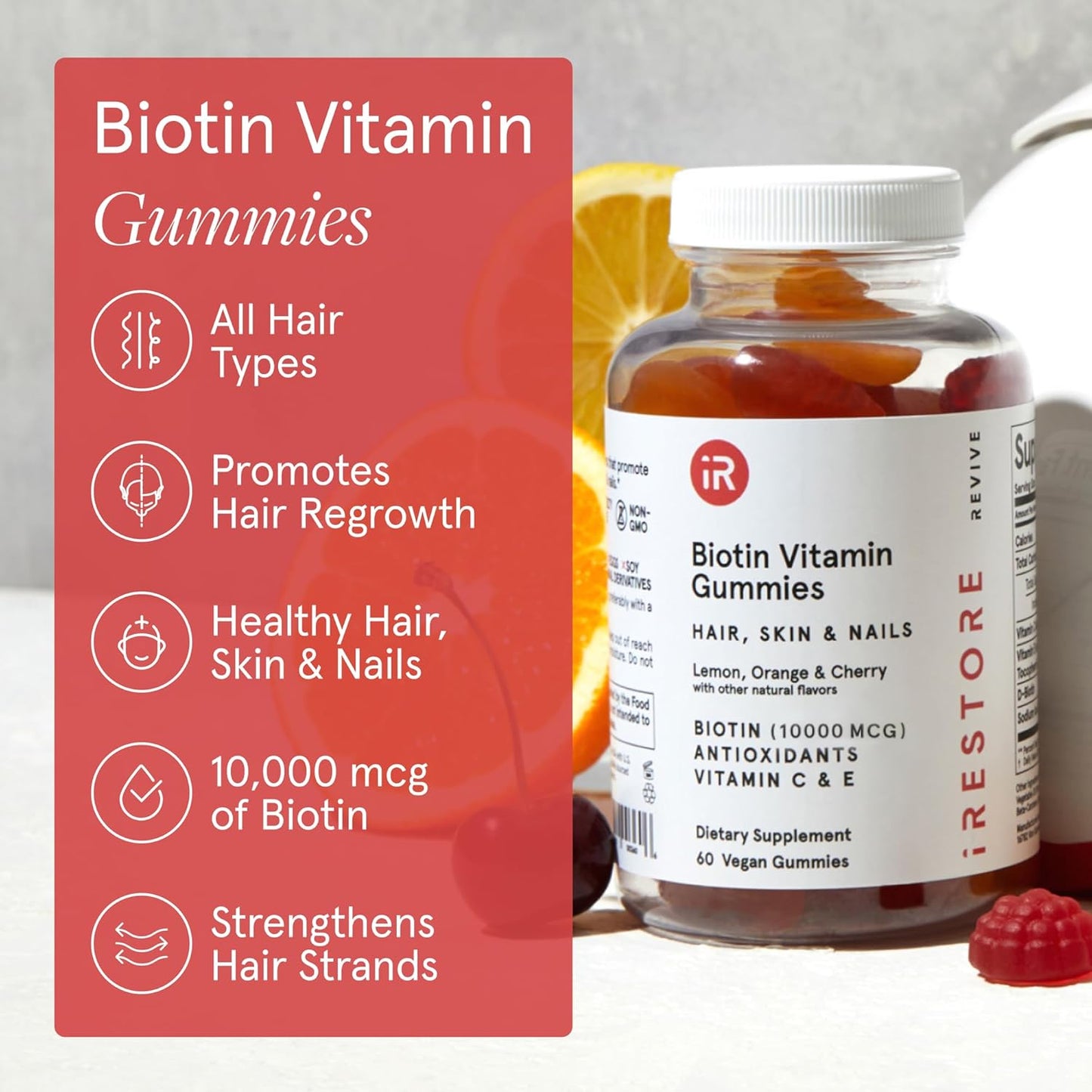 Vegan Biotin Hair Gummies for Hair Growth, Skin, Nails - 10000mcg Biotin Vitamins for Women & Men