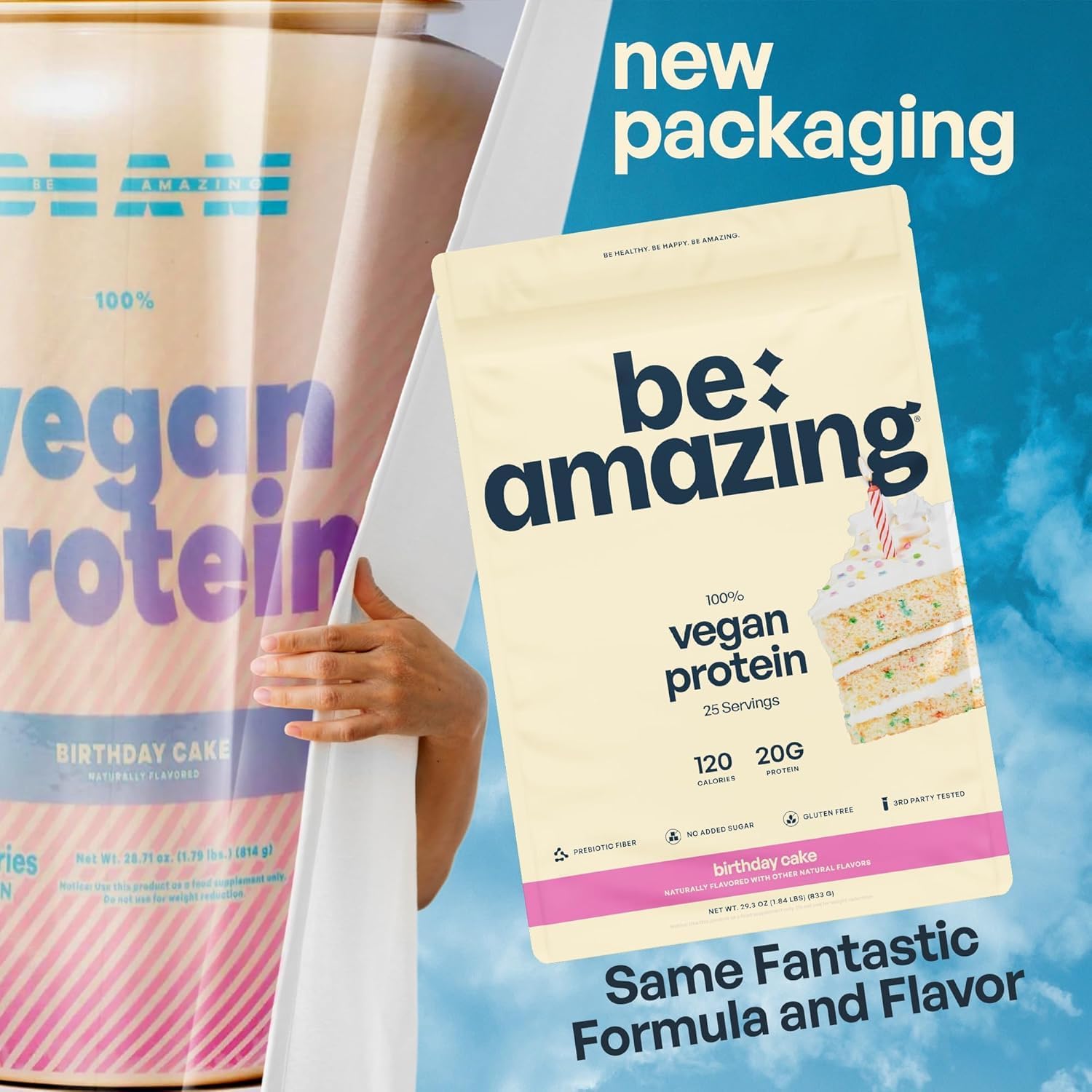 Vegan Birthday Cake Protein Powder with Prebiotics | 20g Plant-Based Protein, Low Carb, Gluten and Sugar-Free Smoothie Mix | BEAM Funfetti Shake, 25 Servings