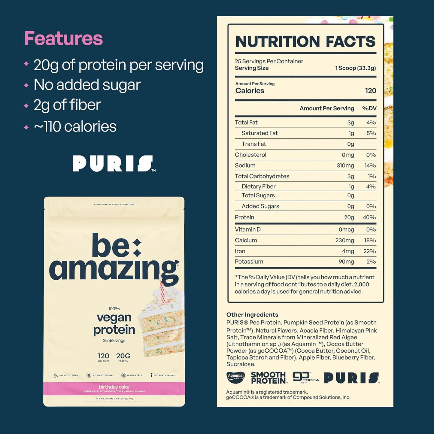 Vegan Birthday Cake Protein Powder with Prebiotics | 20g Plant-Based Protein, Low Carb, Gluten and Sugar-Free Smoothie Mix | BEAM Funfetti Shake, 25 Servings