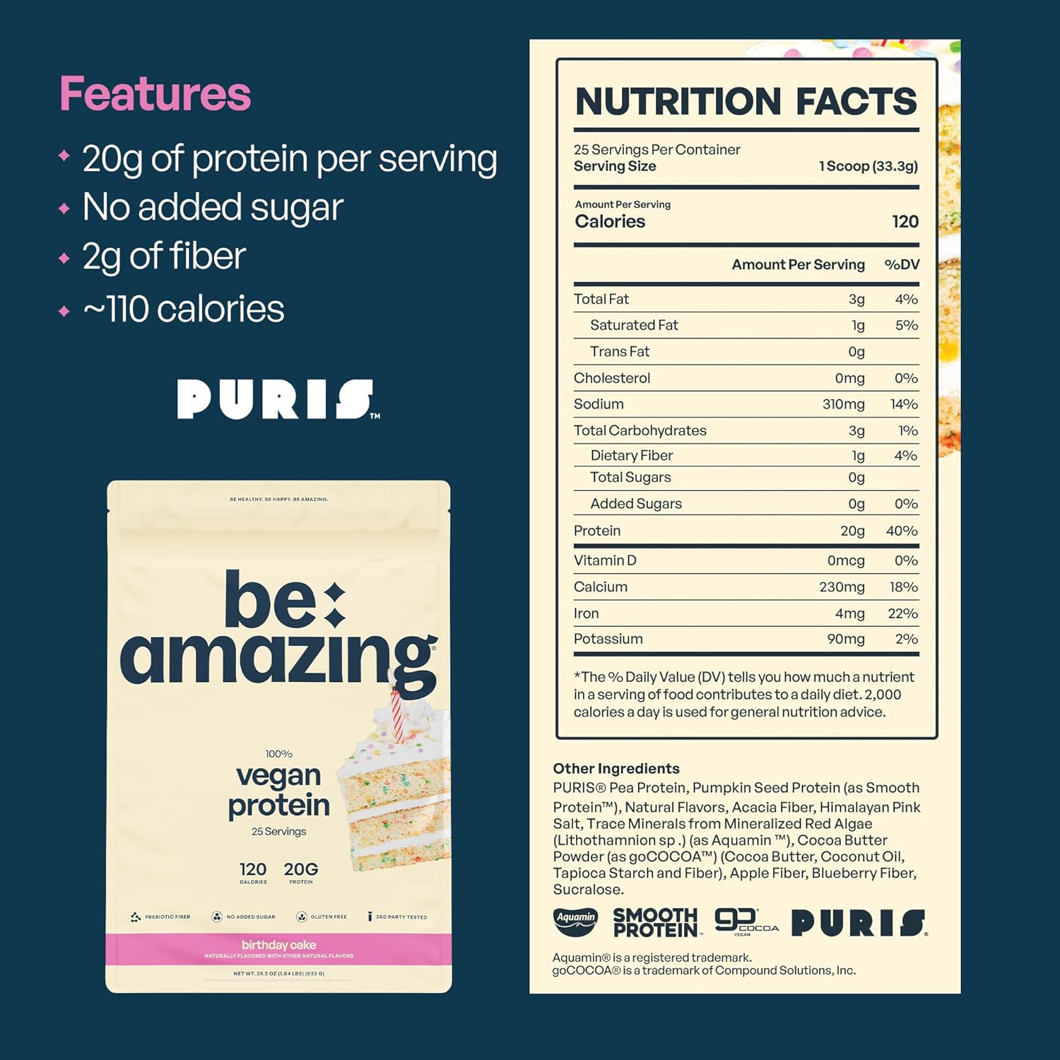 Vegan Birthday Cake Protein Powder with Prebiotics | 20g Plant-Based Protein, Low Carb, Gluten and Sugar-Free Smoothie Mix | BEAM Funfetti Shake, 25 Servings