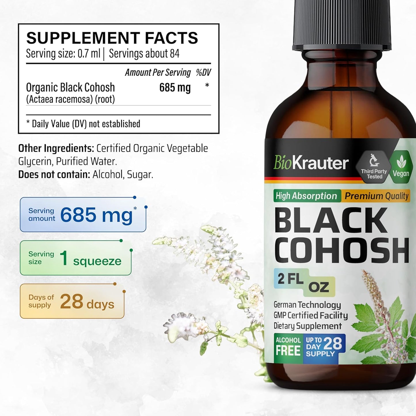 Vegan Black Cohosh Root Tincture for Women - Alcohol and Sugar Free Supplement - 2 Fl.Oz.