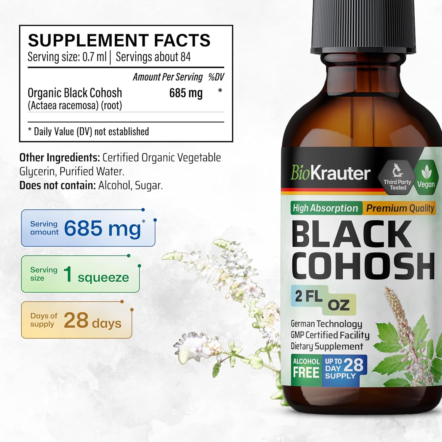 Vegan Black Cohosh Root Tincture for Women - Alcohol and Sugar Free Supplement - 2 Fl.Oz.