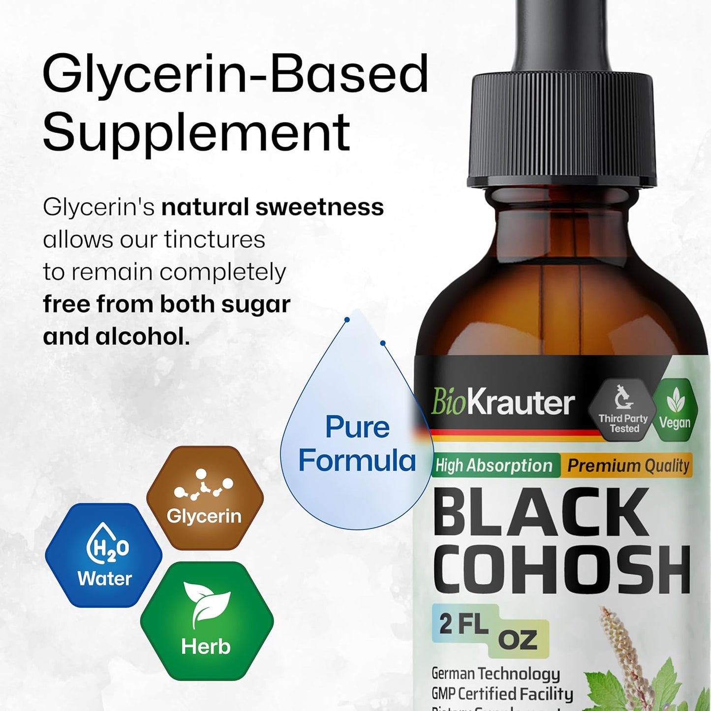 Vegan Black Cohosh Root Tincture for Women - Alcohol and Sugar Free Supplement - 2 Fl.Oz.