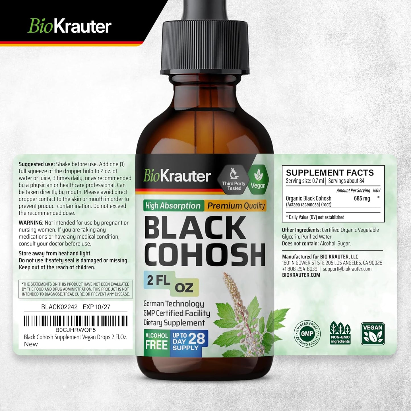 Vegan Black Cohosh Root Tincture for Women - Alcohol and Sugar Free Supplement - 2 Fl.Oz.