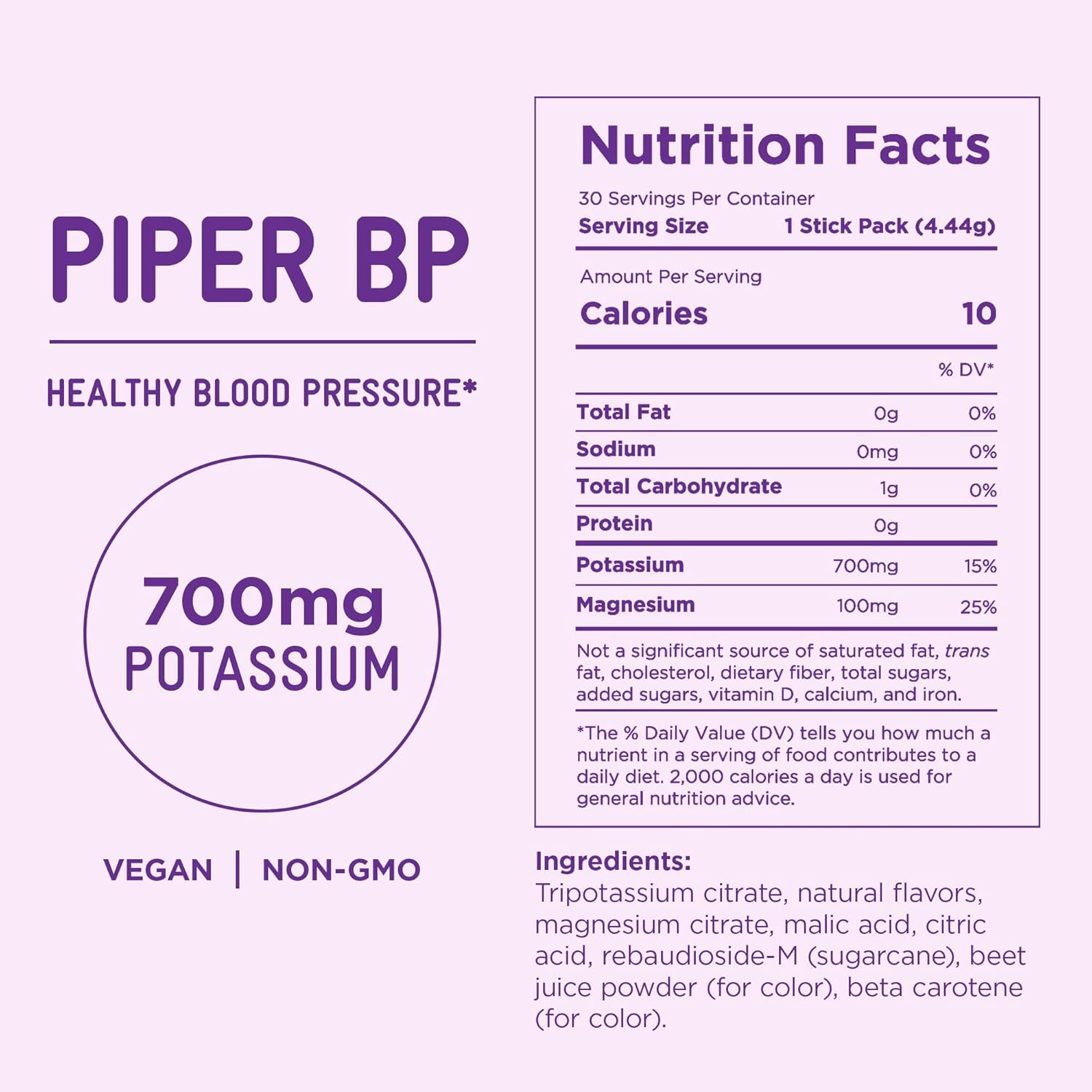 Vegan Blood Pressure Drink Mix with Potassium and Magnesium Powder: 30 Stick Packs (Non-GMO)