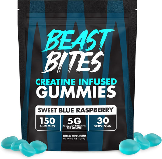 Vegan Blue Raspberry Creatine Gummies - 5g Creatine Monohydrate - Low-Calorie, Made in USA - 30 Servings
