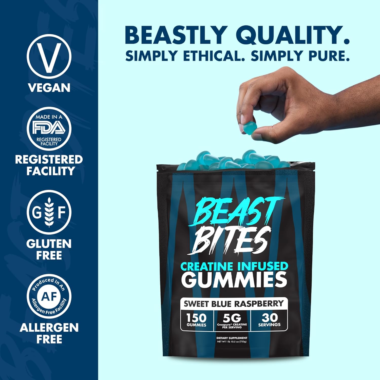 Vegan Blue Raspberry Creatine Gummies - 5g Creatine Monohydrate - Low-Calorie, Made in USA - 30 Servings