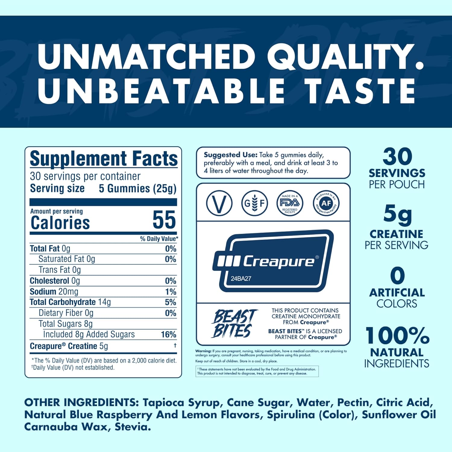 Vegan Blue Raspberry Creatine Gummies - 5g Creatine Monohydrate - Low-Calorie, Made in USA - 30 Servings