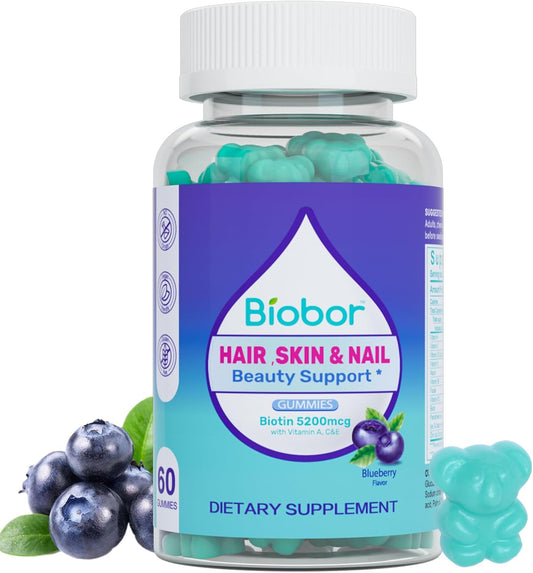 Vegan Blueberry Flavored Hair Skin Nails Gummies with Biotin 5200mcg, Vitamins A C D E, 60 Count
