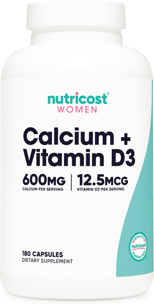 Vegan Calcium and Vitamin D3 Supplement for Women - 180 Capsules, 600mg Calcium, 12.5mcg Vitamin D3 - Non-GMO, Gluten Free