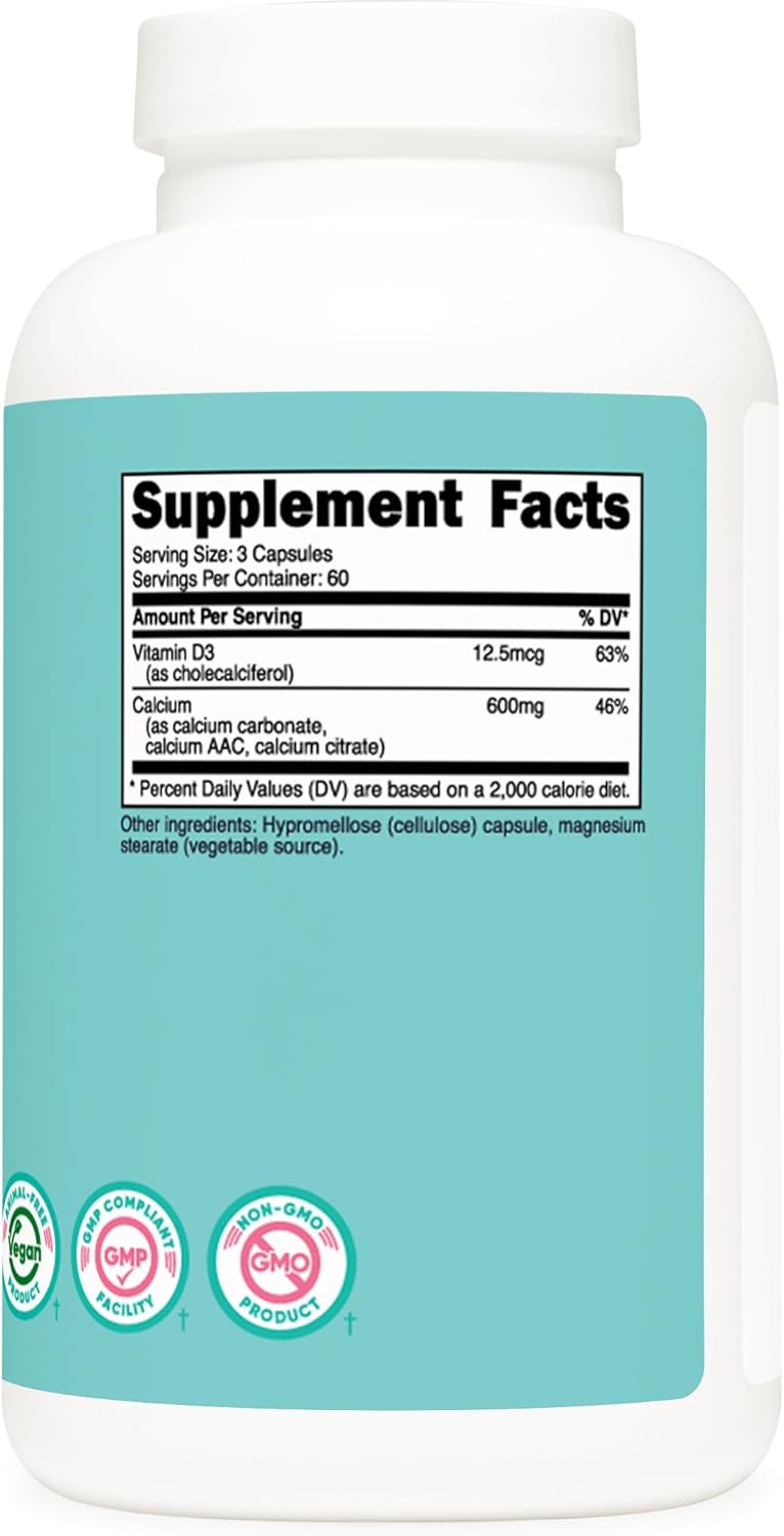 Vegan Calcium and Vitamin D3 Supplement for Women - 180 Capsules, 600mg Calcium, 12.5mcg Vitamin D3 - Non-GMO, Gluten Free