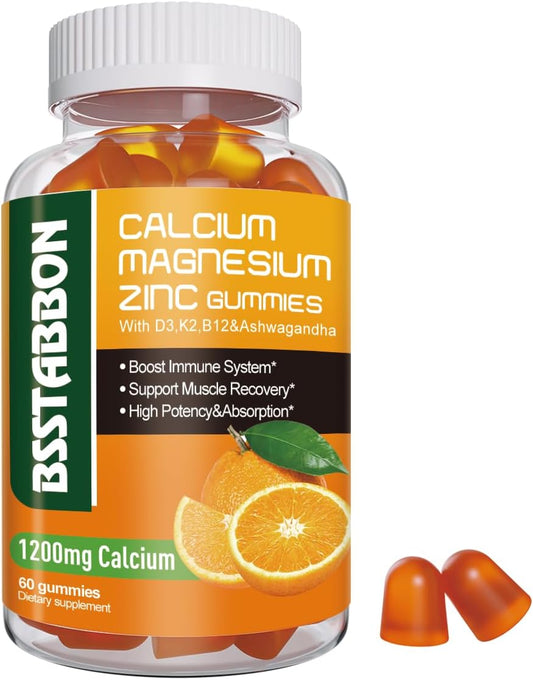 Vegan Calcium Magnesium Gummies with Vitamin D3 & K2 - High Absorption Supplement for Women and Men - Sugar Free (60 Count)