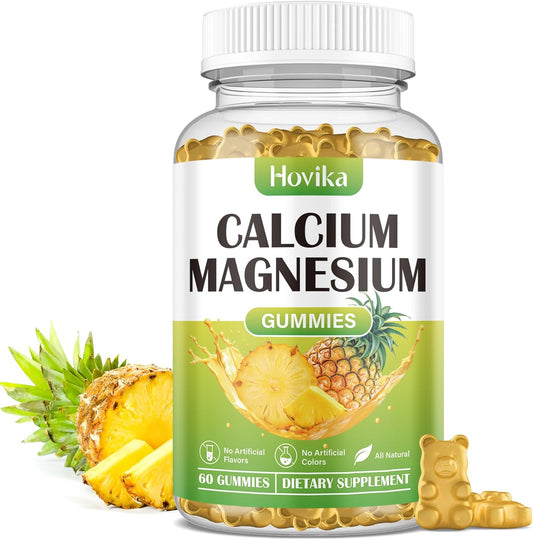 Vegan Calcium Magnesium Zinc Gummies with Vitamin D3, K2, B6, B12 for Bone Strength and Nerve Health - Pineapple Flavor, 60 Gummies
