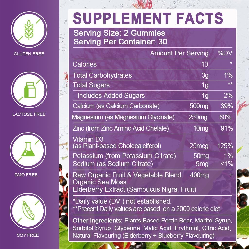 Vegan Calcium Magnesium Zinc Gummies with Vitamin D3 & Sea Moss for Bone, Muscle, Immune, Mood & Sleep Support - High Absorption Complex Supplement - 60 Gummies (3 Pack)