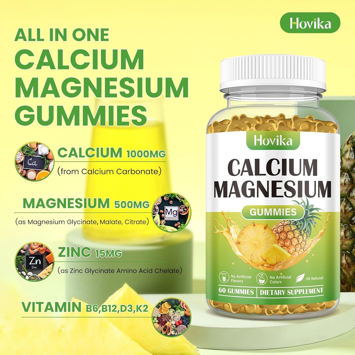 Vegan Calcium Magnesium Zinc Gummies with Vitamin D3, K2, B6, B12 for Bone Strength and Nerve Health - Pineapple Flavor, 60 Gummies