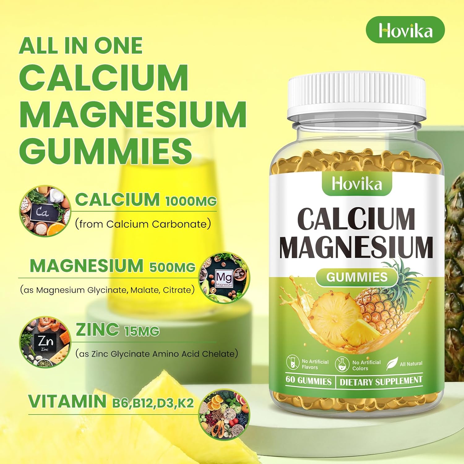 Vegan Calcium Magnesium Zinc Gummies with Vitamin D3, K2, B6, B12 for Bone Strength and Nerve Health - Pineapple Flavor, 60 Gummies