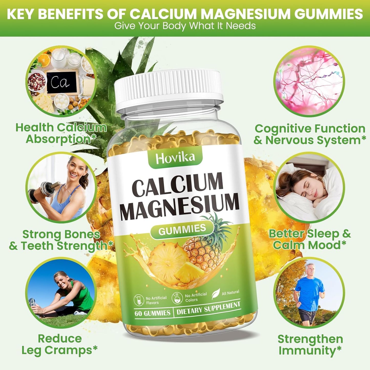 Vegan Calcium Magnesium Zinc Gummies with Vitamin D3, K2, B6, B12 for Bone Strength and Nerve Health - Pineapple Flavor, 60 Gummies