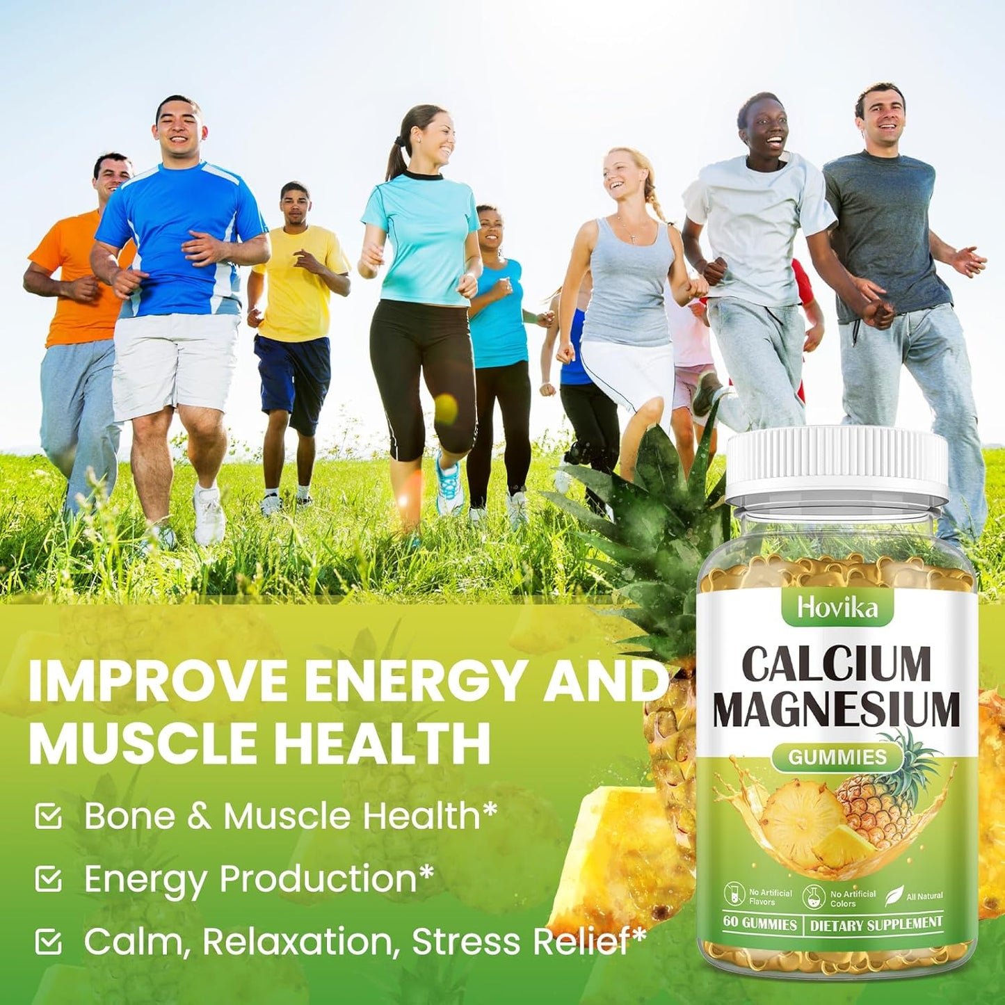 Vegan Calcium Magnesium Zinc Gummies with Vitamin D3, K2, B6, B12 for Bone Strength and Nerve Health - Pineapple Flavor, 60 Gummies