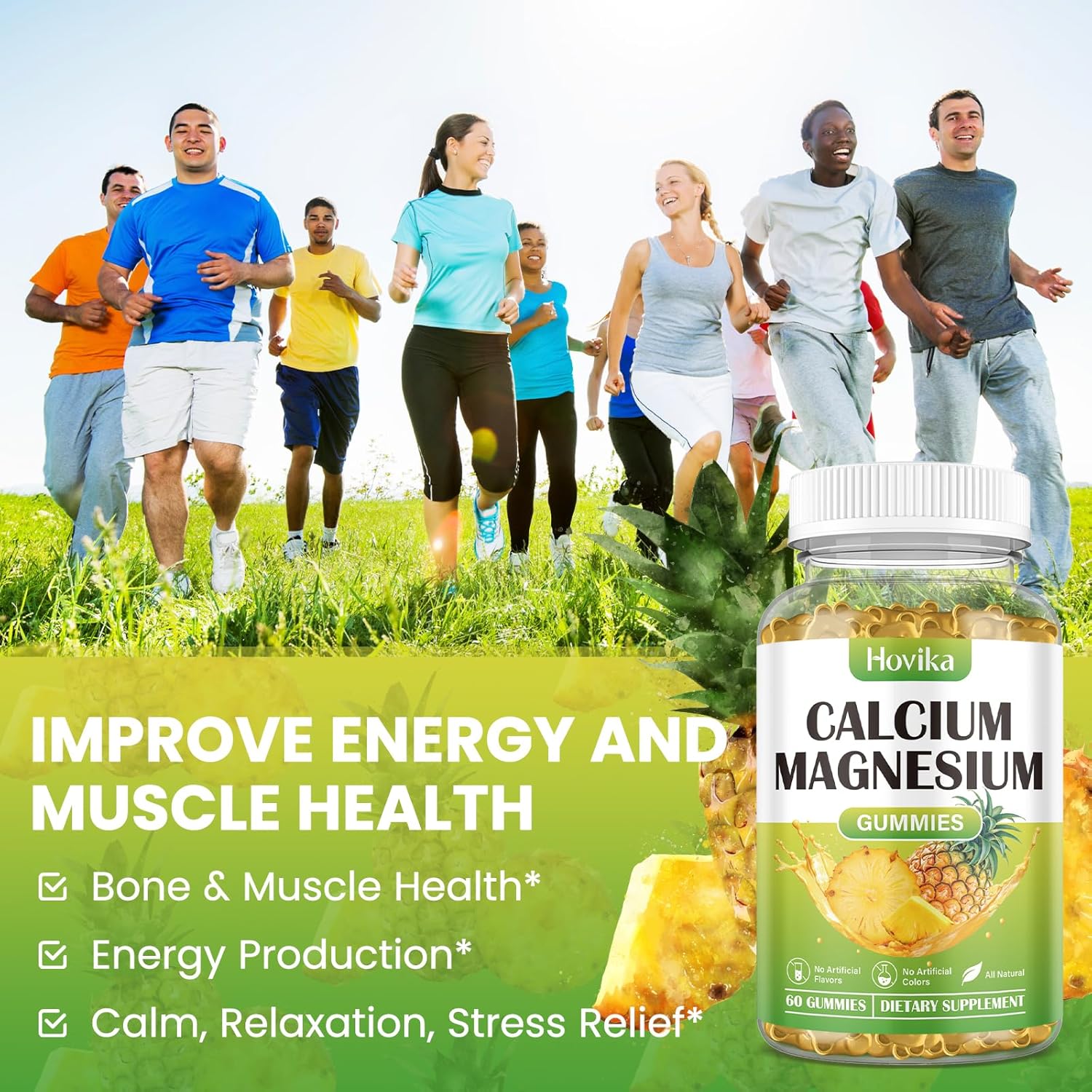 Vegan Calcium Magnesium Zinc Gummies with Vitamin D3, K2, B6, B12 for Bone Strength and Nerve Health - Pineapple Flavor, 60 Gummies