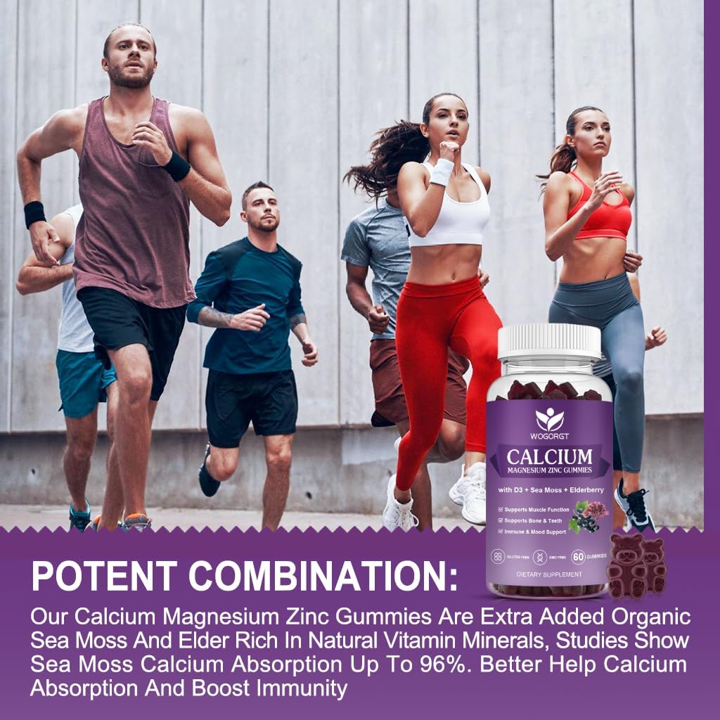 Vegan Calcium Magnesium Zinc Gummies with Vitamin D3 & Sea Moss for Bone, Muscle, Immune, Mood & Sleep Support - High Absorption Complex Supplement - 60 Gummies (3 Pack)