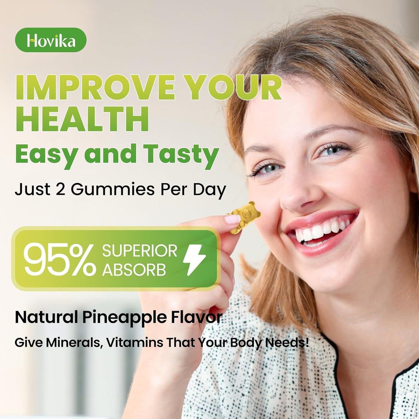 Vegan Calcium Magnesium Zinc Gummies with Vitamin D3, K2, B6, B12 for Bone Strength and Nerve Health - Pineapple Flavor, 60 Gummies